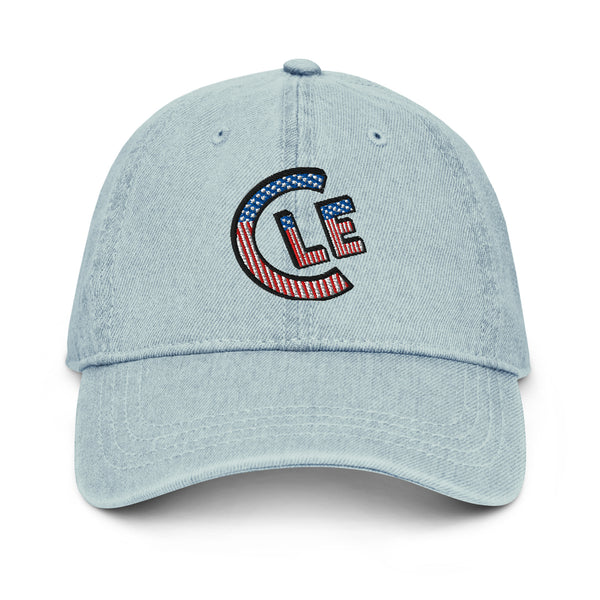 Light blue USA CLE denim cap, front view