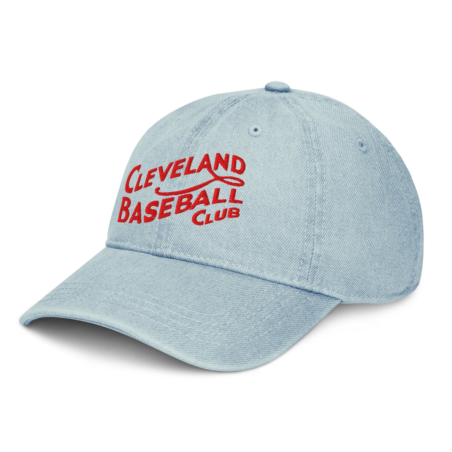Side view of light-wash 1908 Cleveland Baseball Club denim cap with red embroidered logo, adjustable strap, and classic baseball cap fit.
