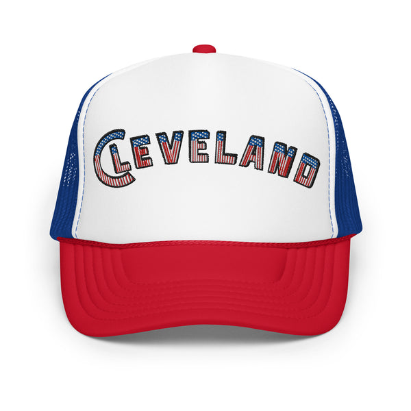 USA Cleveland foam trucker hat, front view