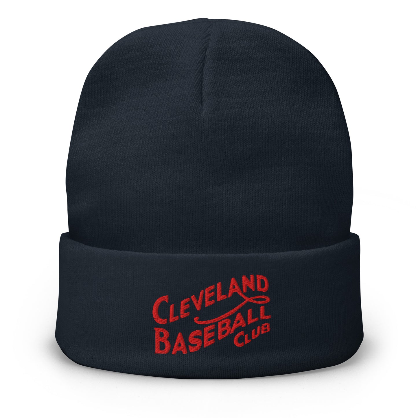 Black beanie with red 'Cleveland Baseball Club' text on a white background
