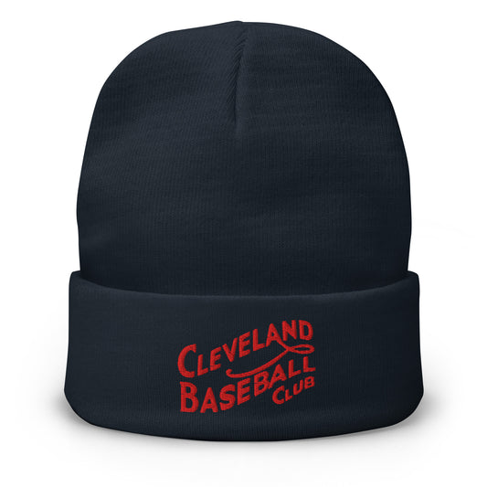 Black beanie with red 'Cleveland Baseball Club' text on a white background