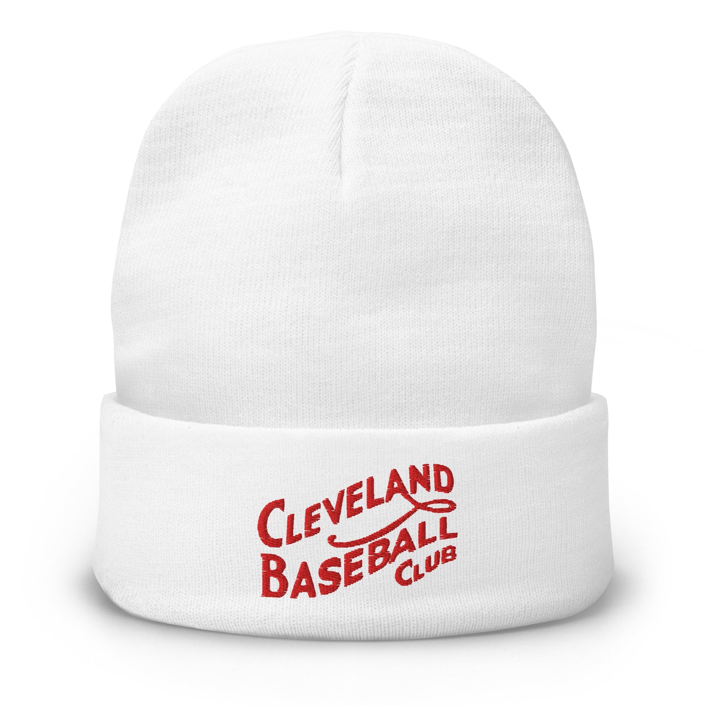 White beanie with red 'Cleveland Baseball Club' text on a white background