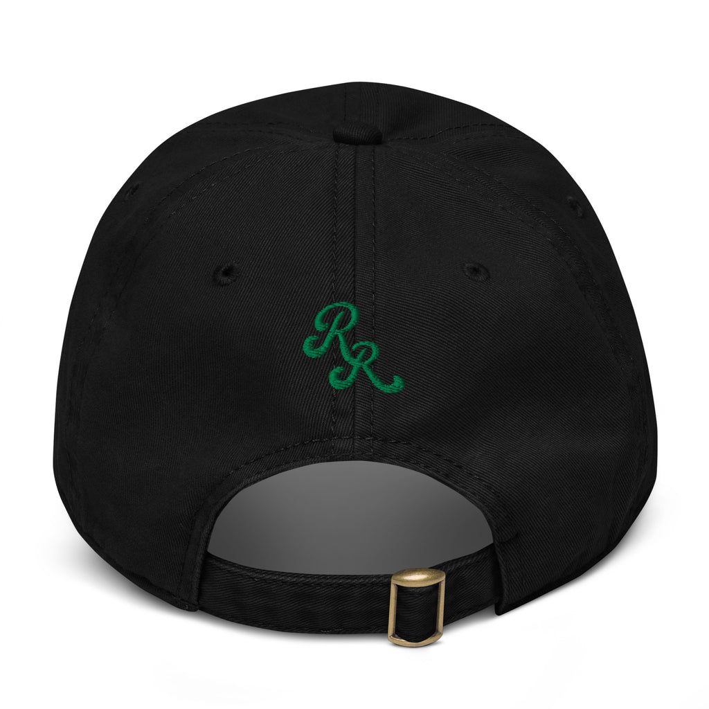 Black cap with a green logo on a white background
