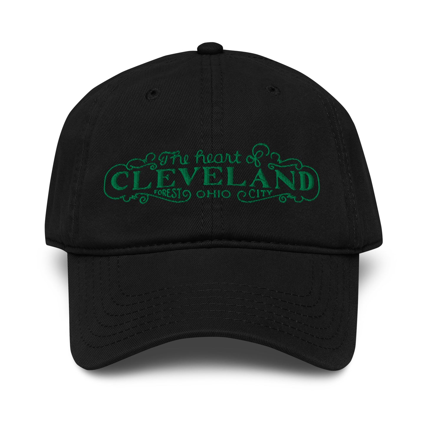Black cap with green text 'The heart of Cleveland, Forest City Ohio' on a white background