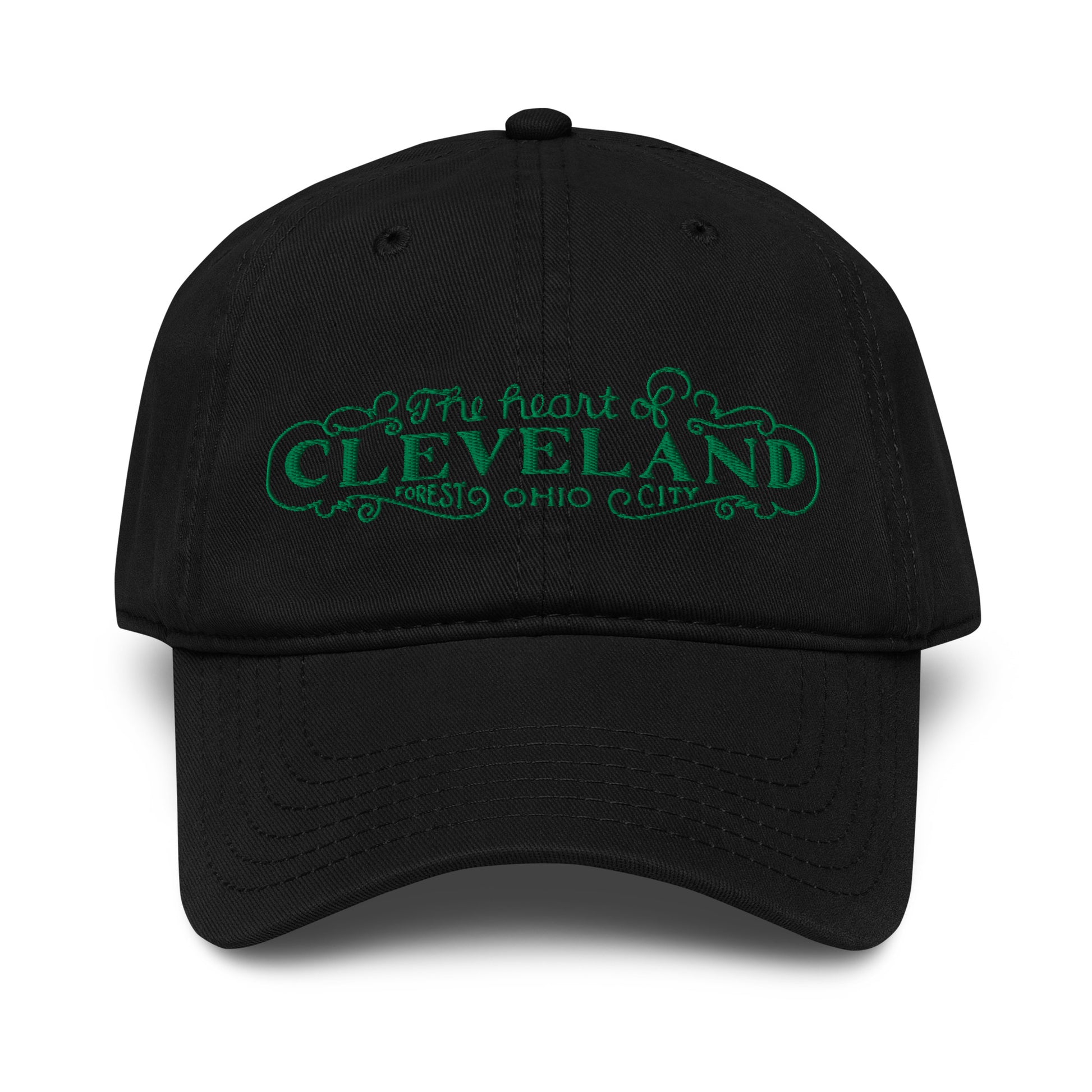 Black cap with green text 'The heart of Cleveland, Forest City Ohio' on a white background