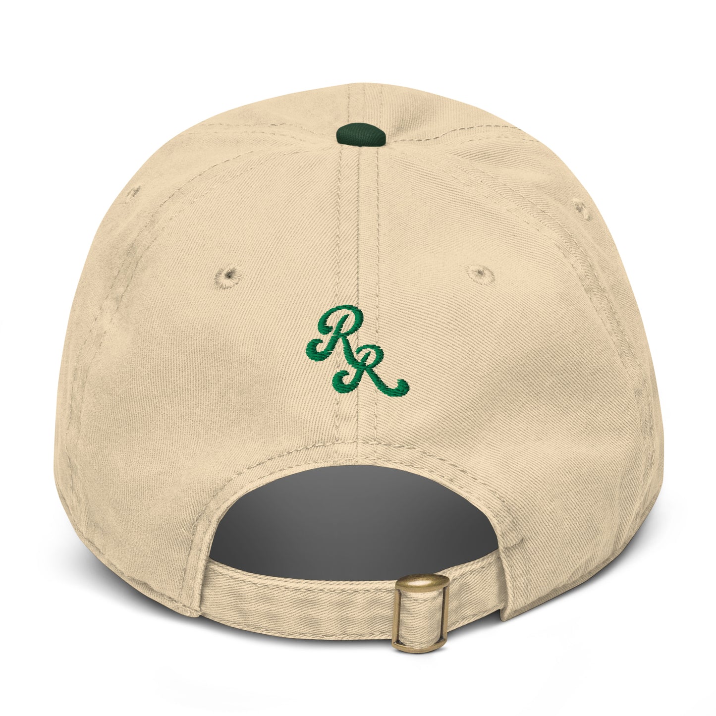 Beige cap with green logo on a white background