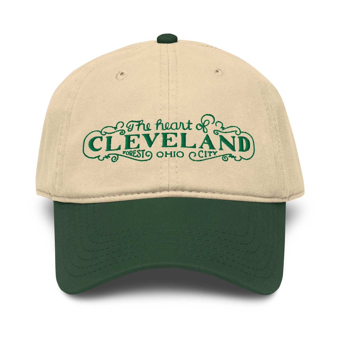 Beige and green cap with 'The heart of Cleveland, Forest City Ohio' text on a white background