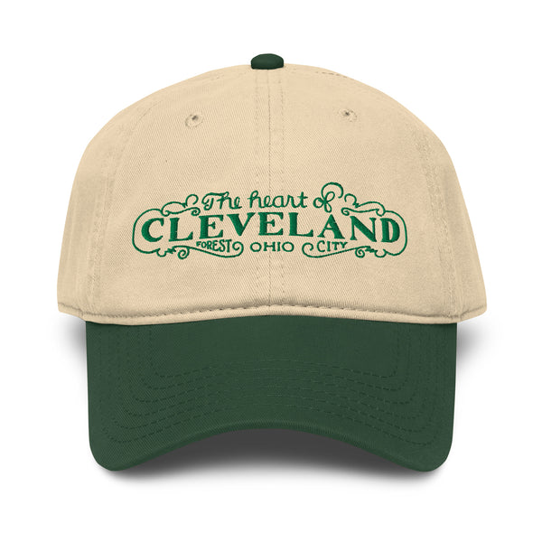 Dark green and khaki Cleveland Heart of Forest City washed cap, front view