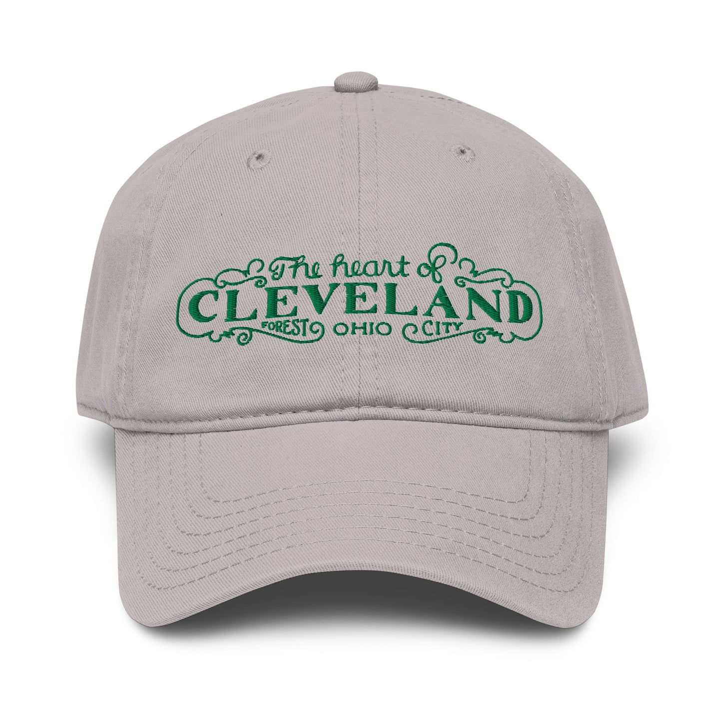 Gray cap with green text 'The heart of Cleveland, Forest City Ohio' on a white background