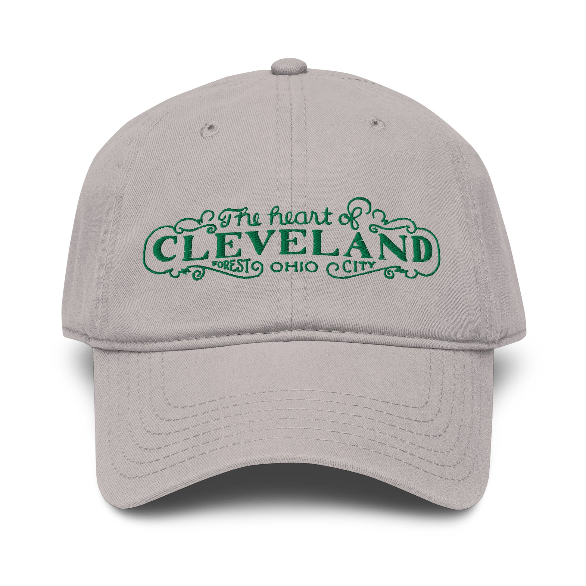 Gray cap with green text 'The heart of Cleveland, Forest City Ohio' on a white background