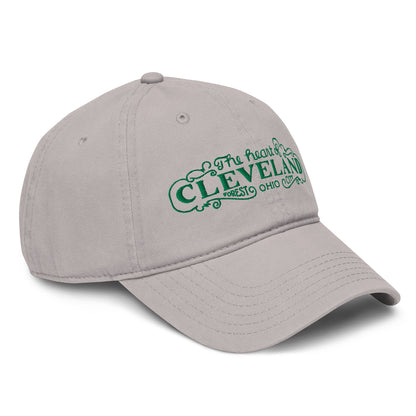 Gray cap with green text 'The heart of Cleveland, Ohio' on a white background