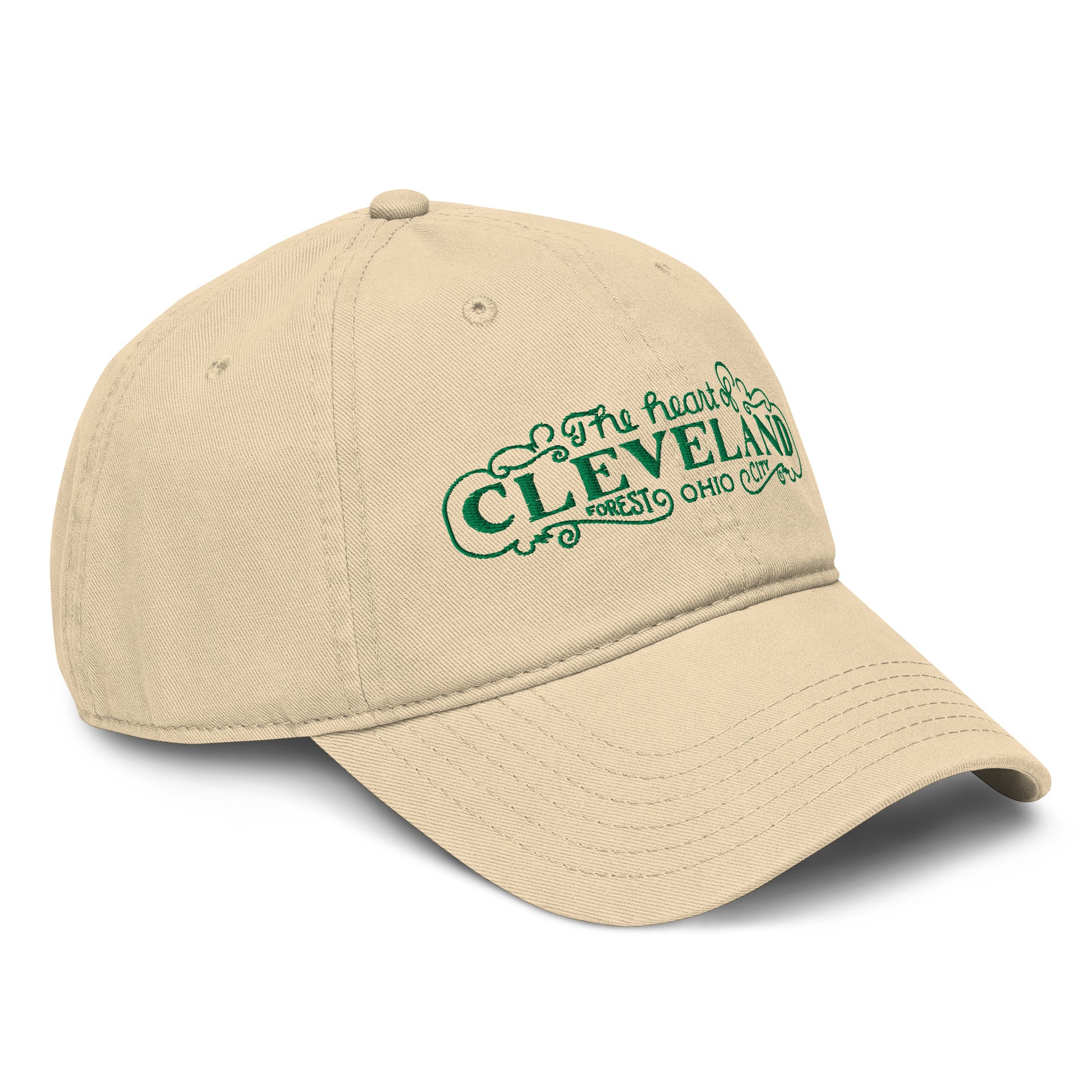 Beige cap with green text on a white background