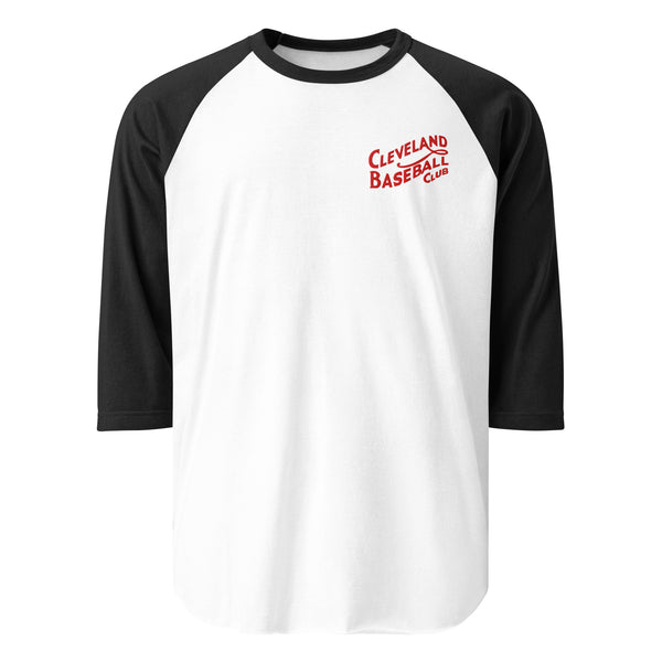 White and black 1908 Cleveland Baseball Club raglan t-shirt with red embroidery, front view