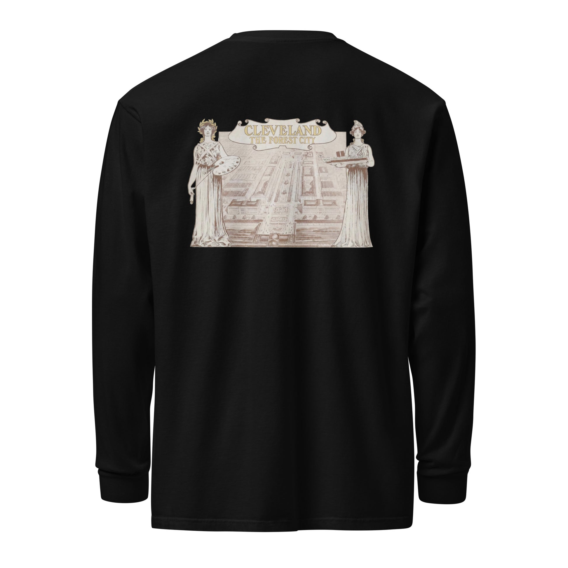 Black long-sleeve shirt with a graphic design on the back against a white background