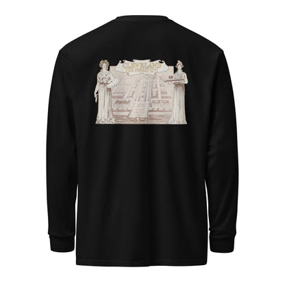 Black long-sleeve shirt with a graphic design on the back against a white background