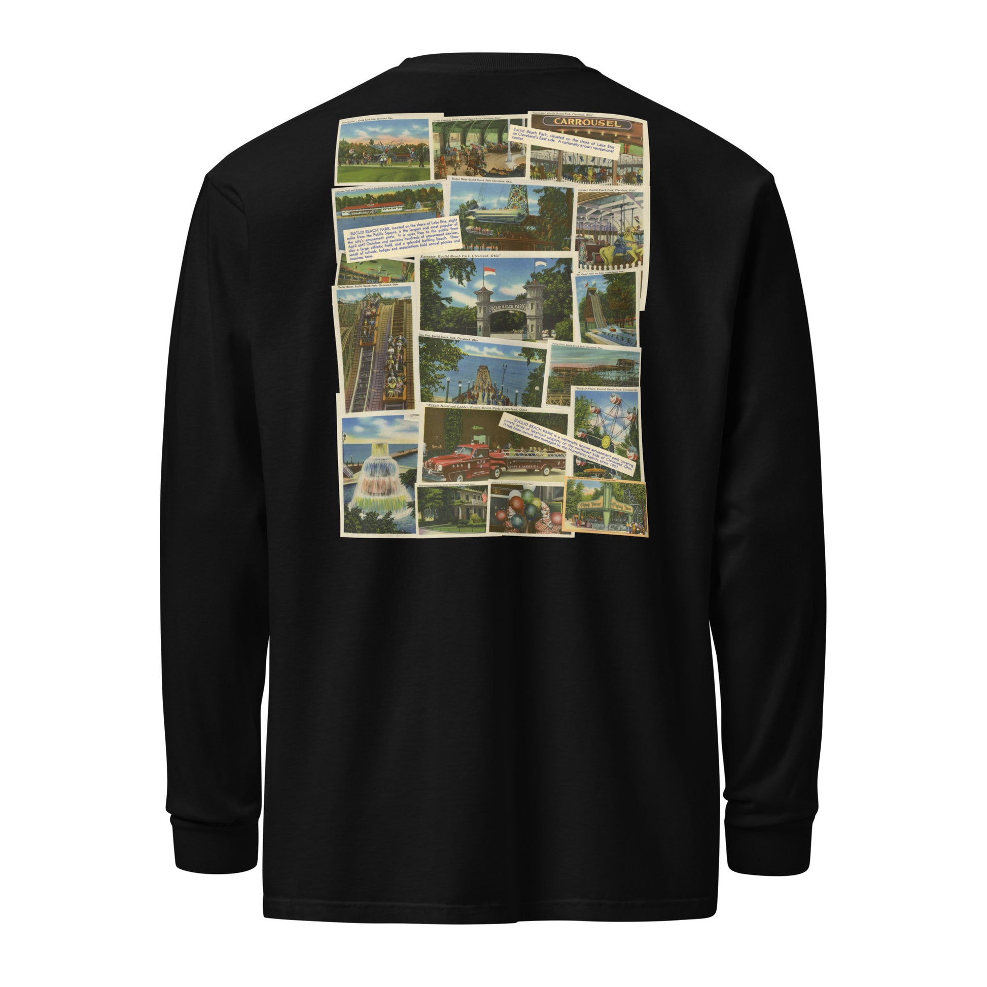 Black long-sleeve shirt with a collage of vintage-style images on the back, on a white background.