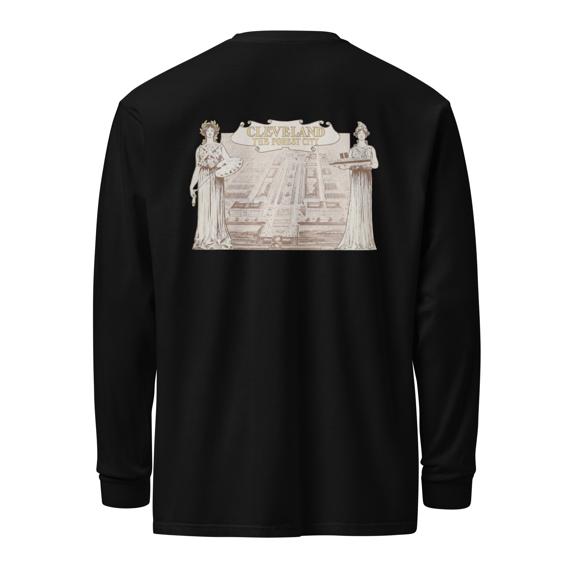 Black long-sleeve shirt with a graphic design on the back against a white background