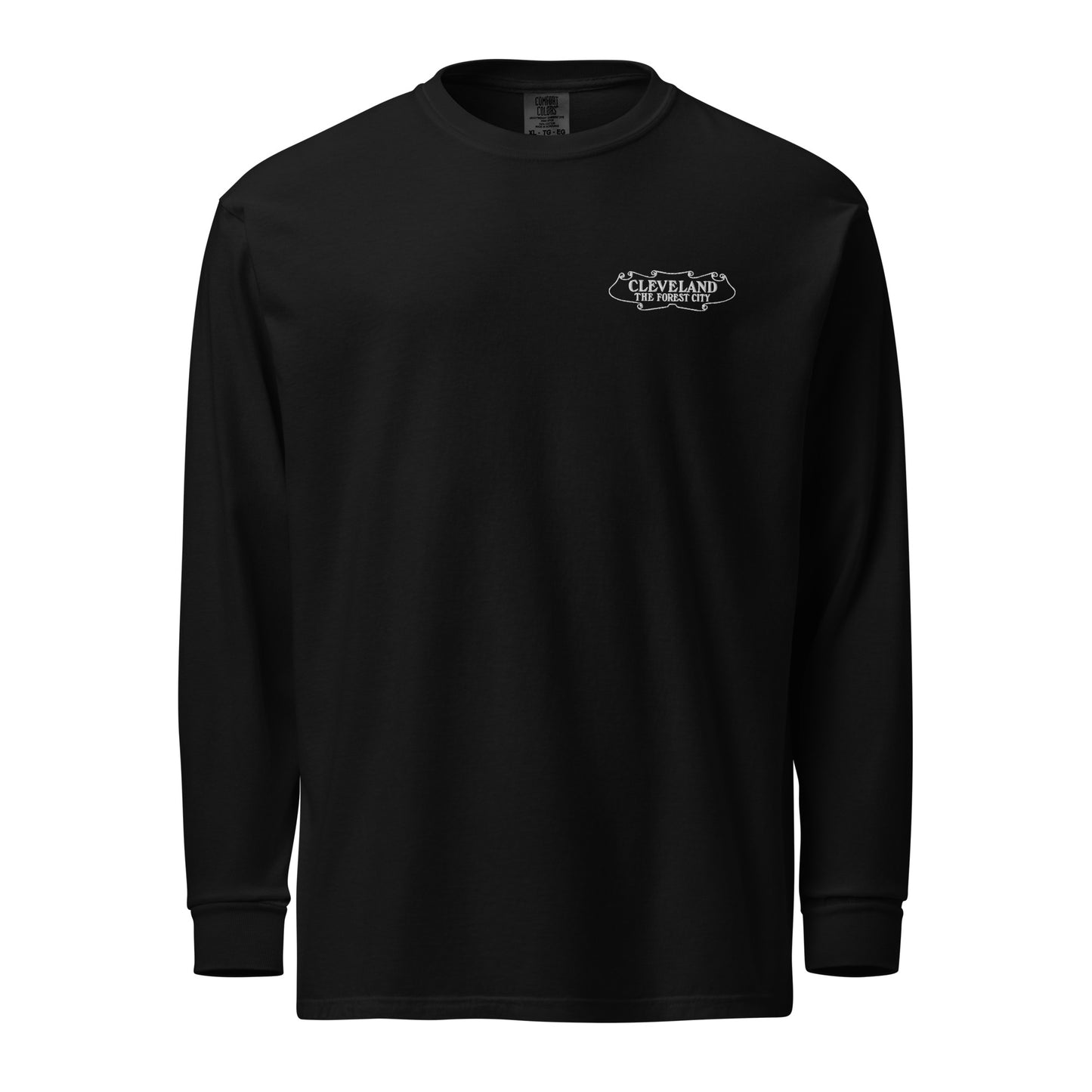 Black long-sleeve shirt with a logo on the chest against a white background