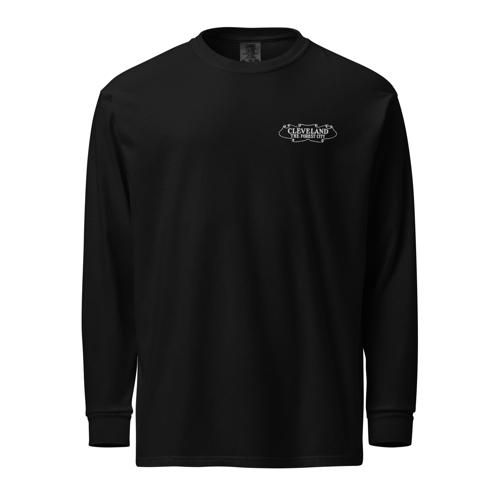 Black long-sleeve shirt with a logo on the chest against a white background