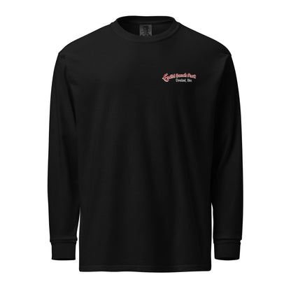 Black long-sleeve shirt with a logo on the chest against a white background