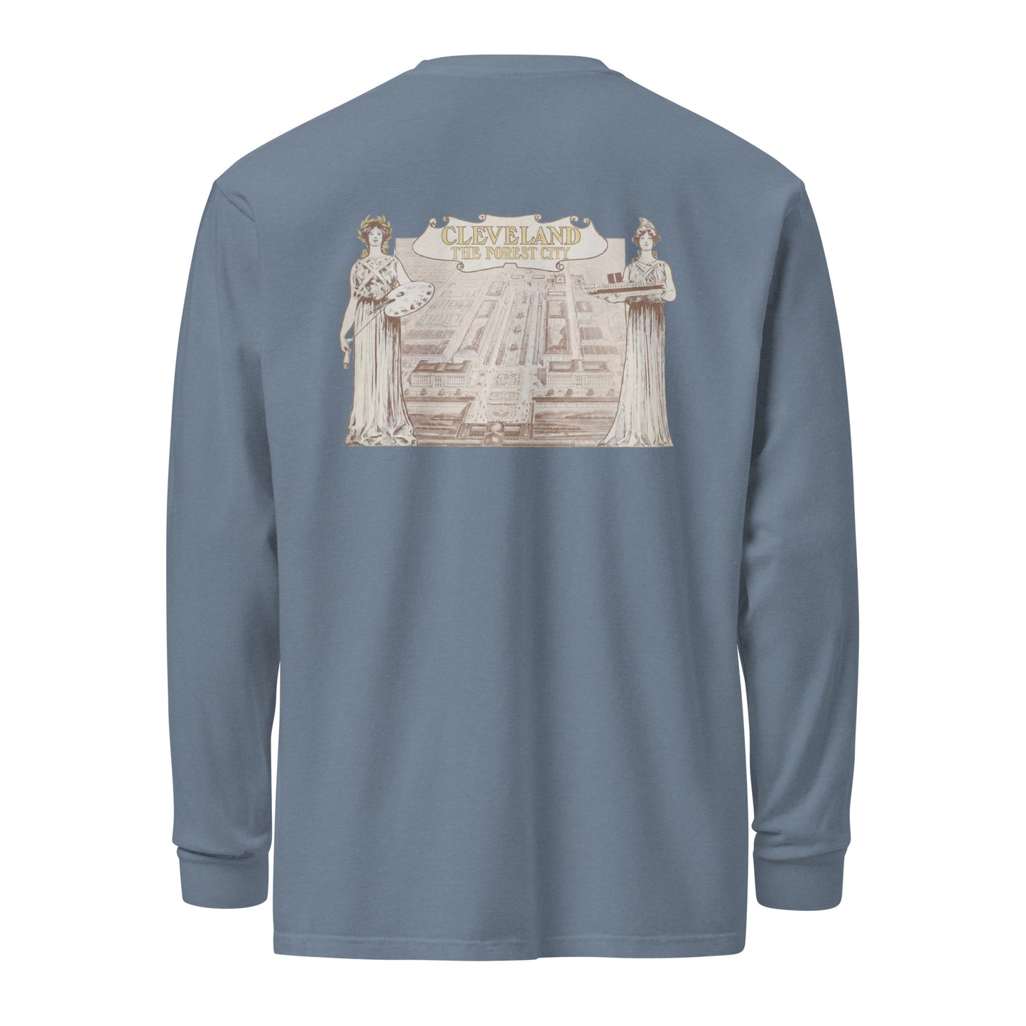 Blue long-sleeve shirt with a graphic design on the back against a white background