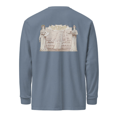 Blue long-sleeve shirt with a graphic design on the back against a white background