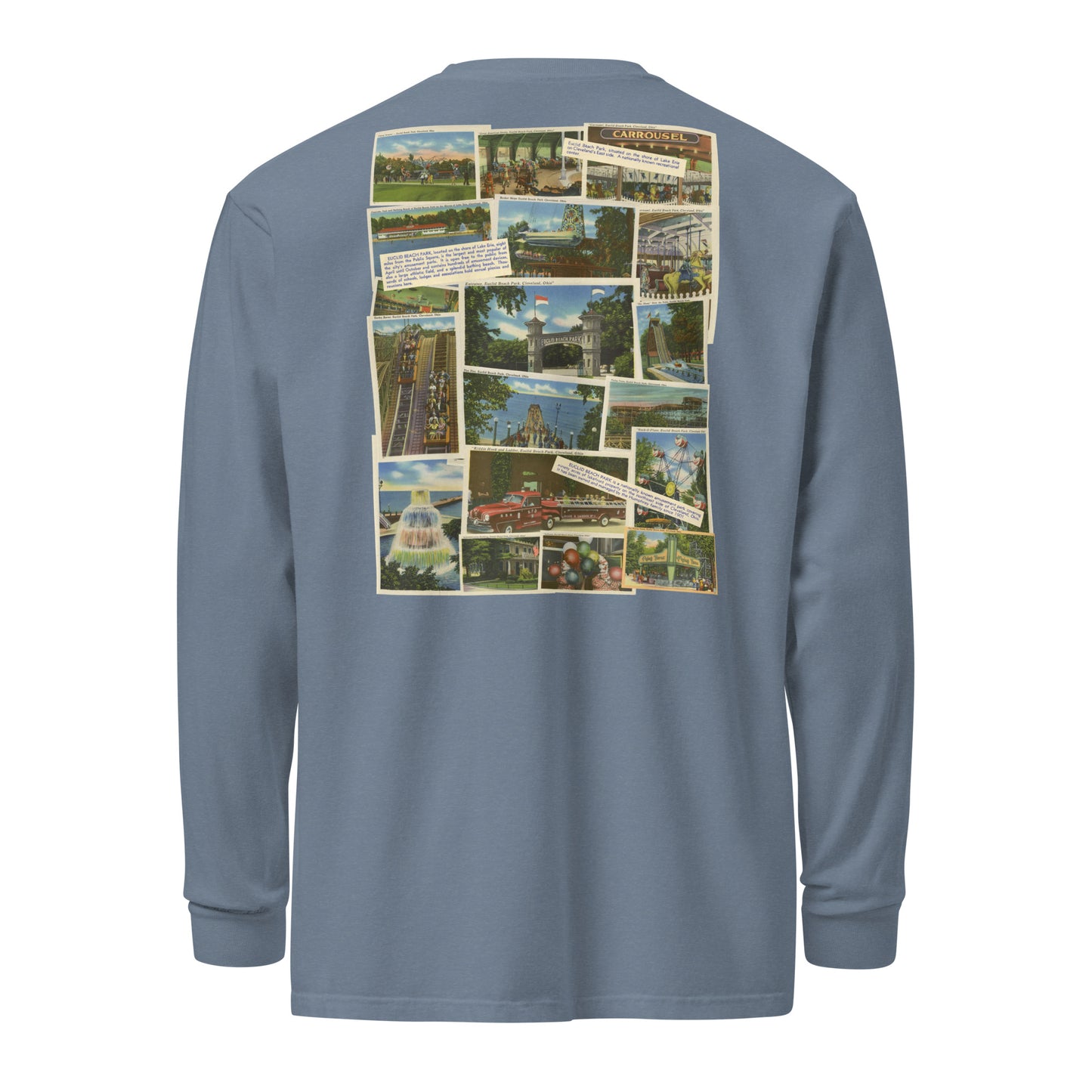 Blue long-sleeve shirt with a collage of images on the back against a white background