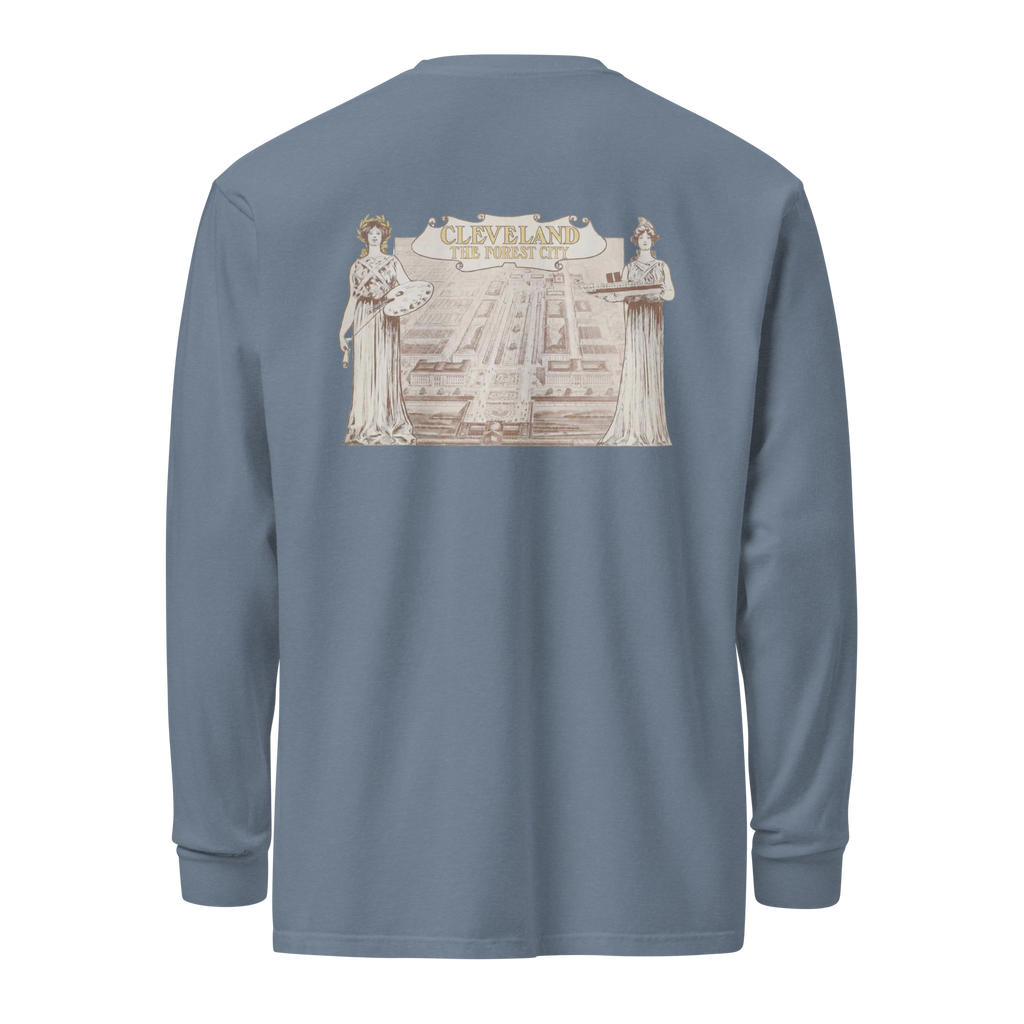 Blue Jean long-sleeve shirt with a graphic design on the back against a white background