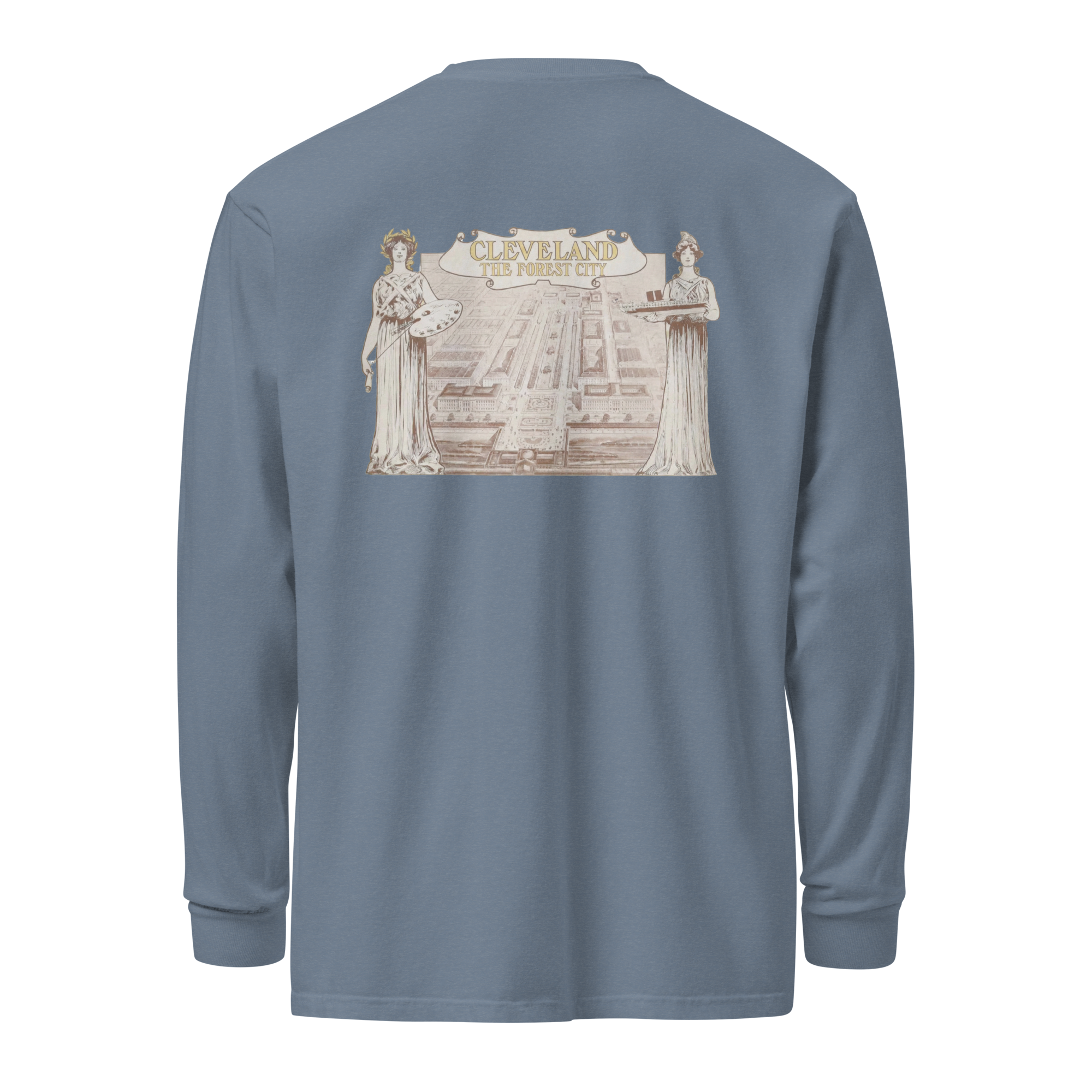 Blue Jean long-sleeve shirt with a graphic design on the back against a white background