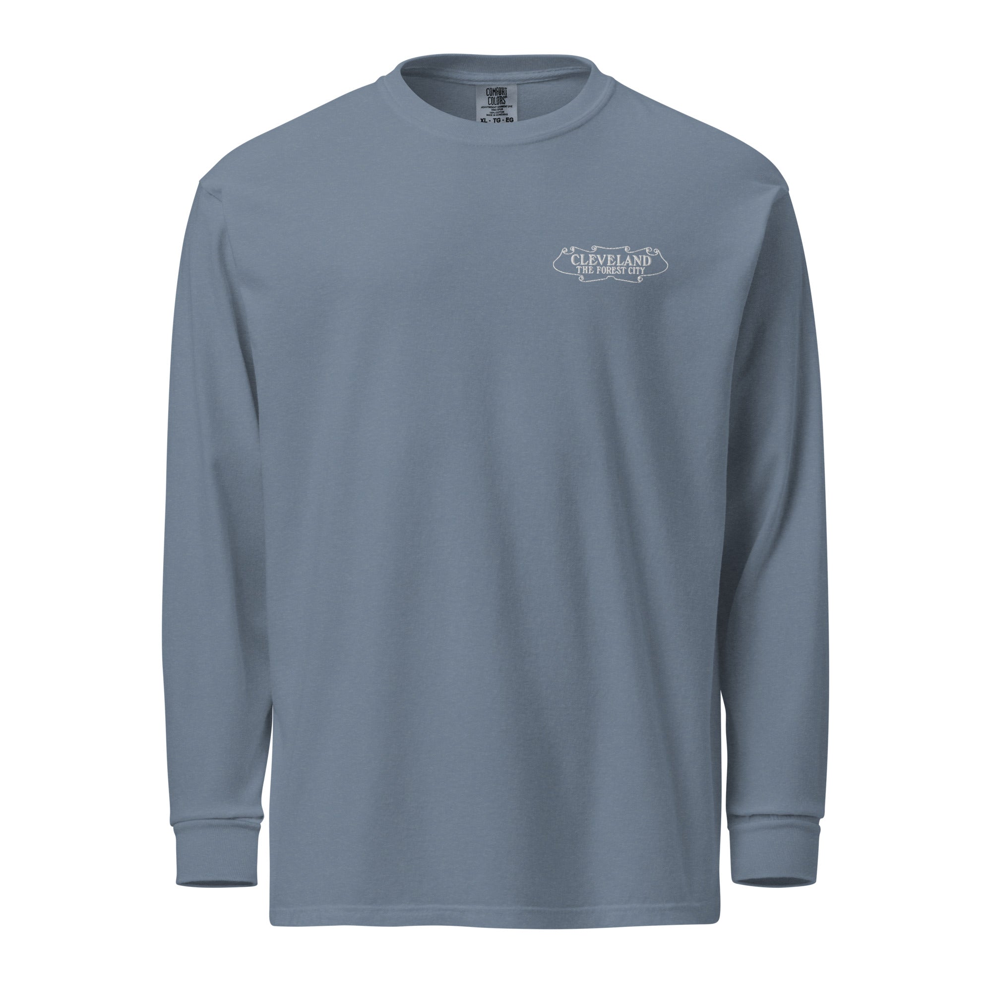 Blue Jean long-sleeve shirt with a logo on a white background