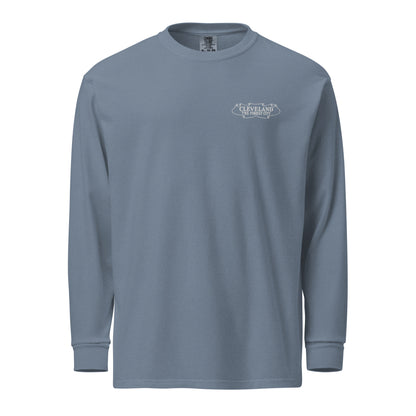 Blue long-sleeve shirt with a logo on a white background