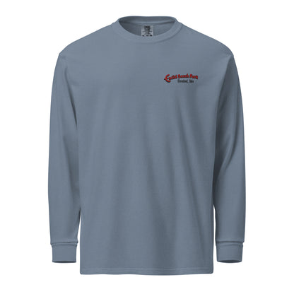 Gray long-sleeve shirt with a logo on the chest against a white background