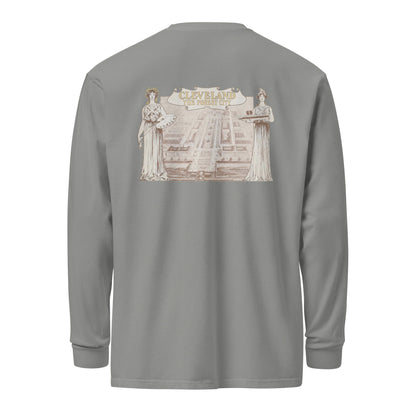 Gray long-sleeve shirt with a graphic design on the back against a white background