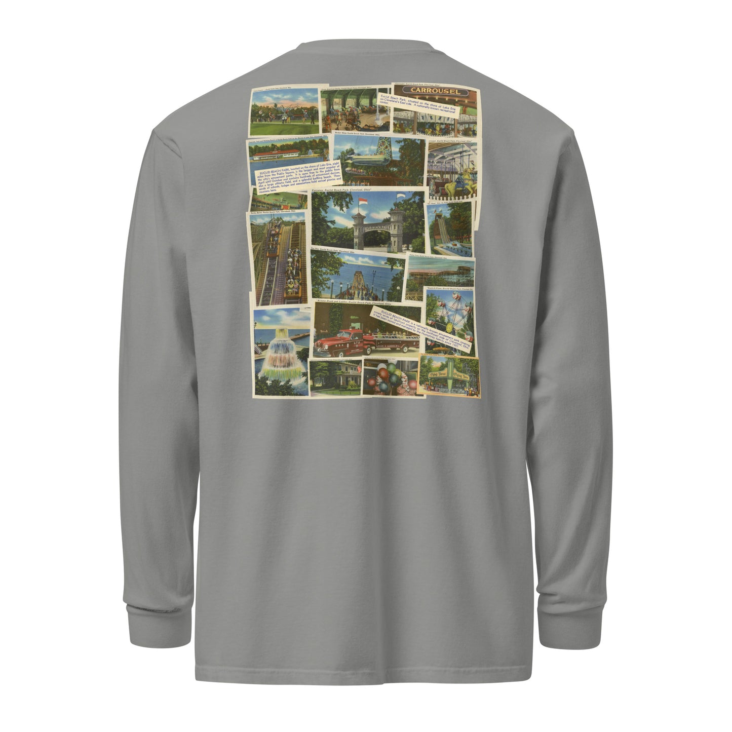 Gray long-sleeve shirt with a colorful graphic on the back against a white background
