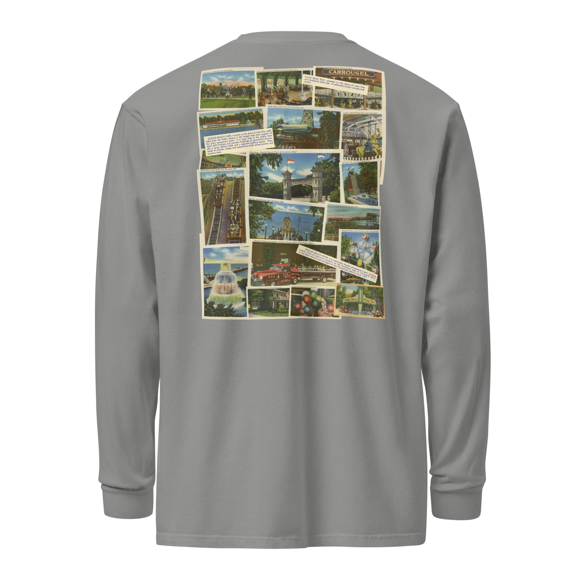 Gray long-sleeve shirt with a colorful graphic on the back against a white background
