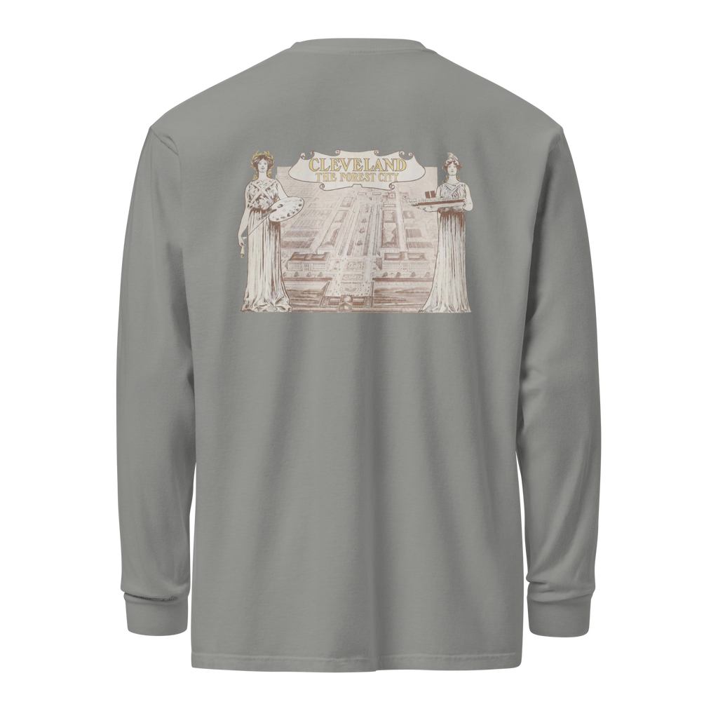 Grey long-sleeve shirt with a graphic design on the back against a white background