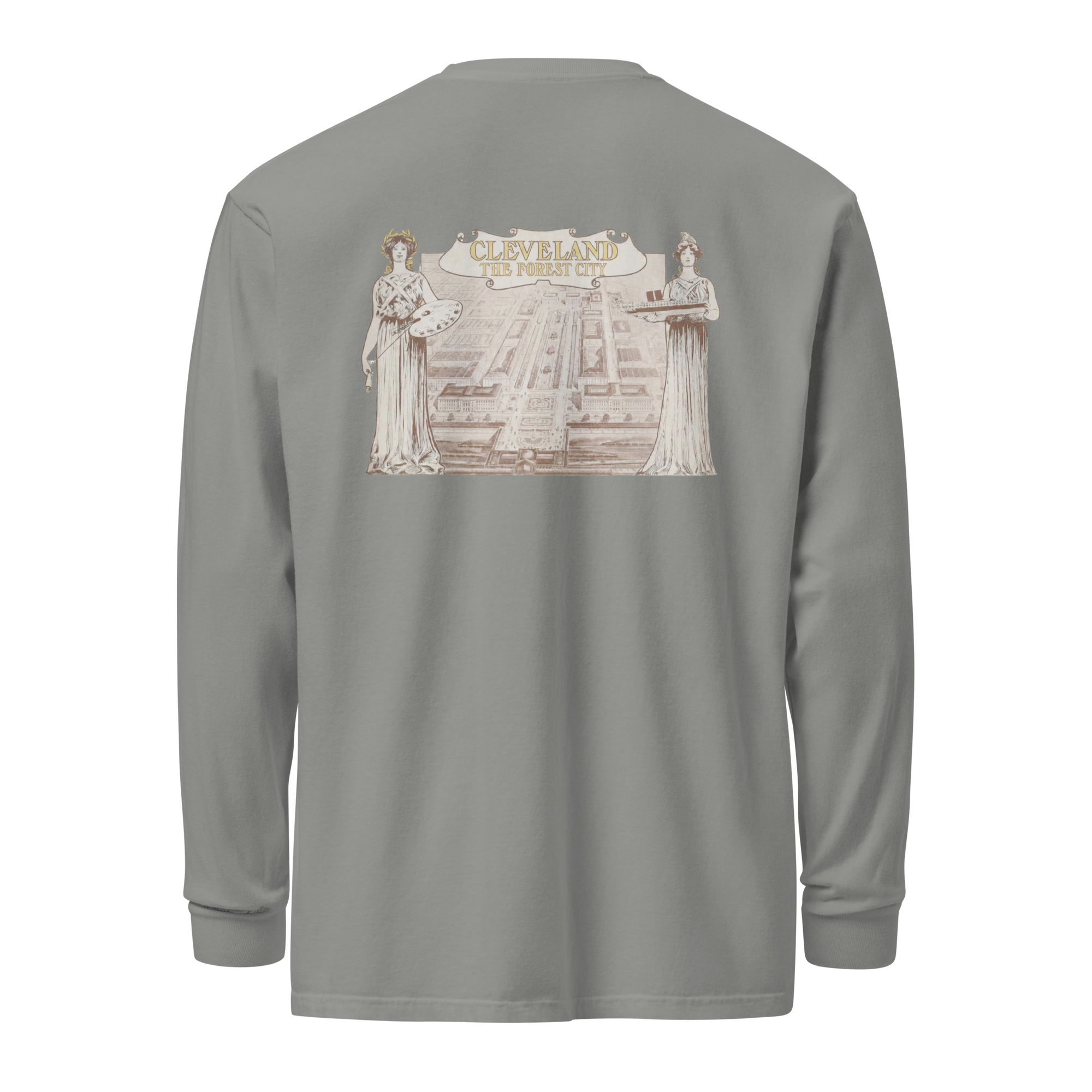 Grey long-sleeve shirt with a graphic design on the back against a white background