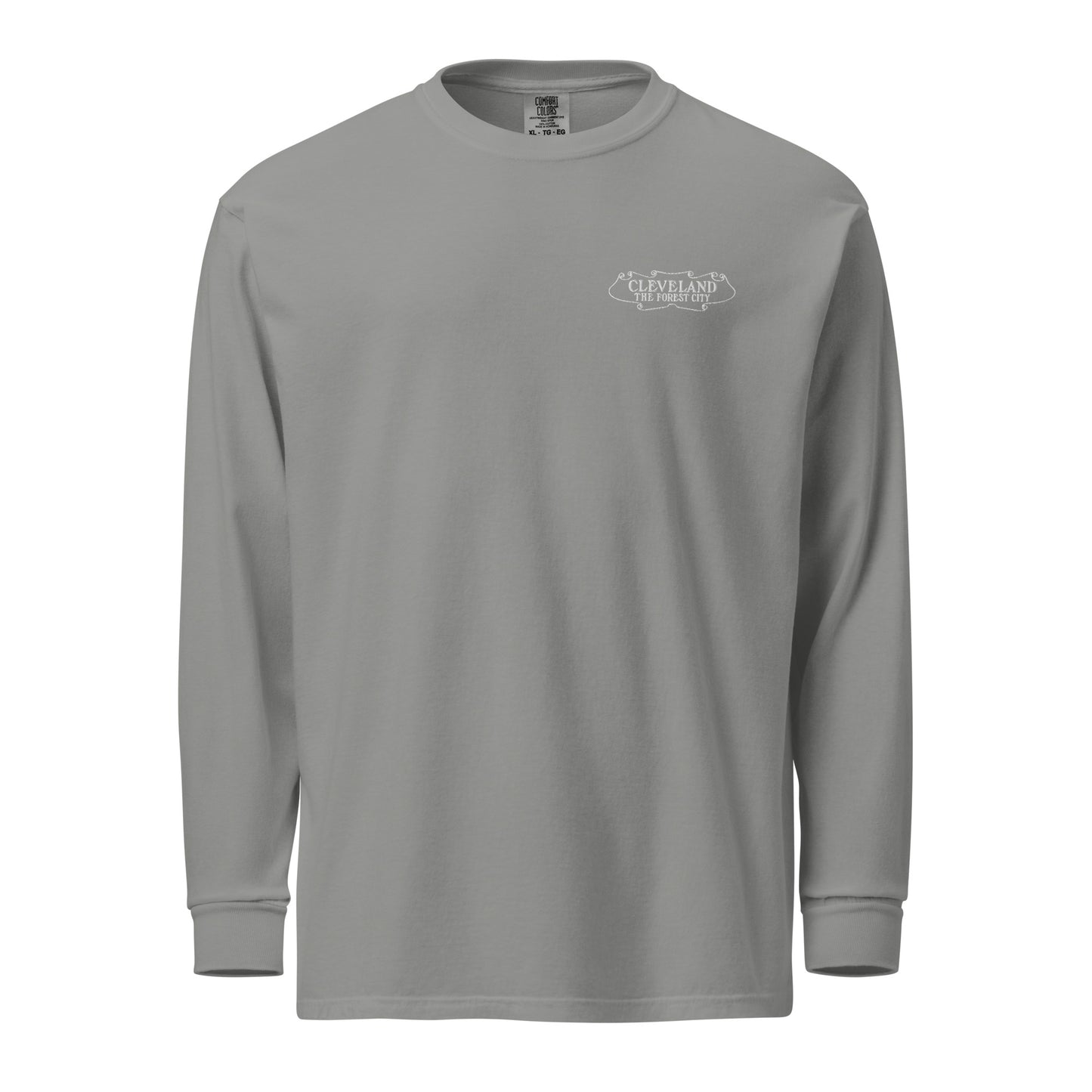 Gray long-sleeve shirt with a logo on the chest against a white background