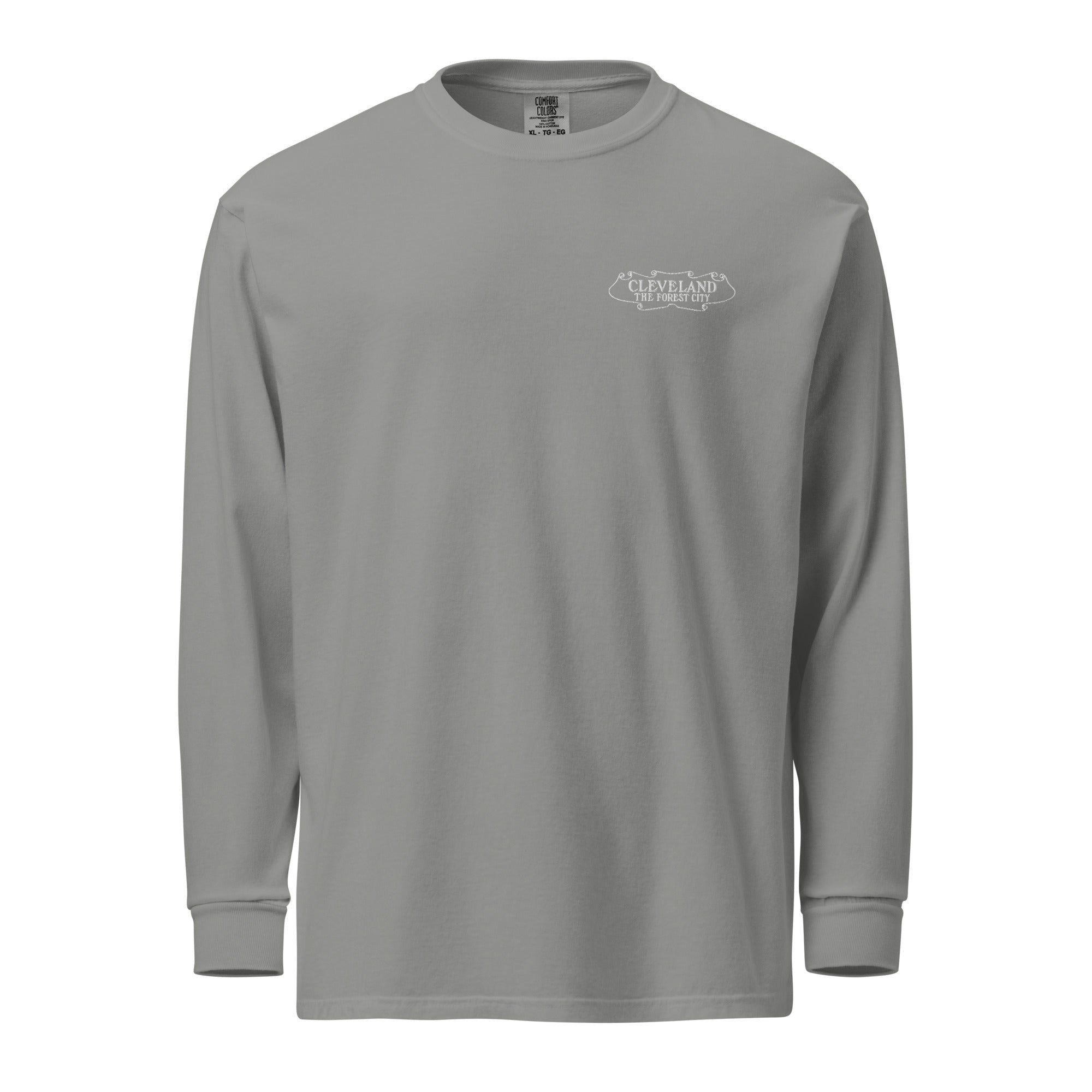 Grey long-sleeve shirt with a logo on the chest against a white background