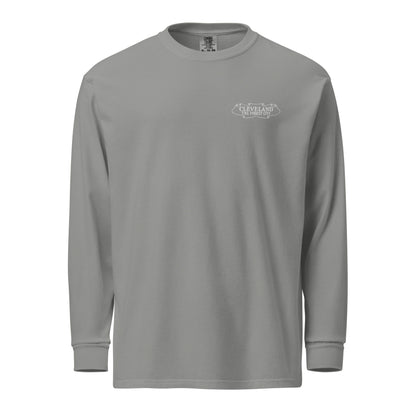 Gray long-sleeve shirt with a logo on the chest against a white background