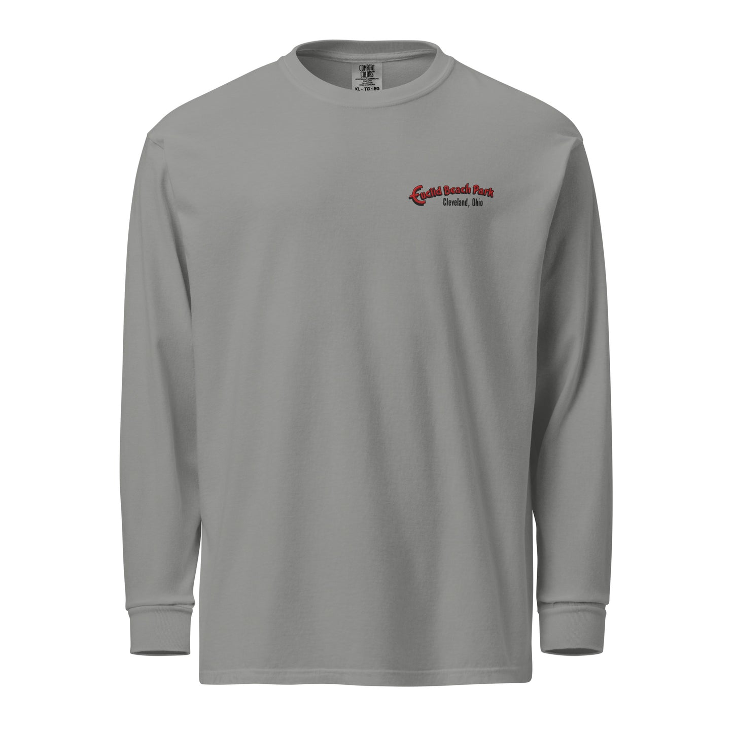 Gray long-sleeve shirt with a logo on the chest against a white background