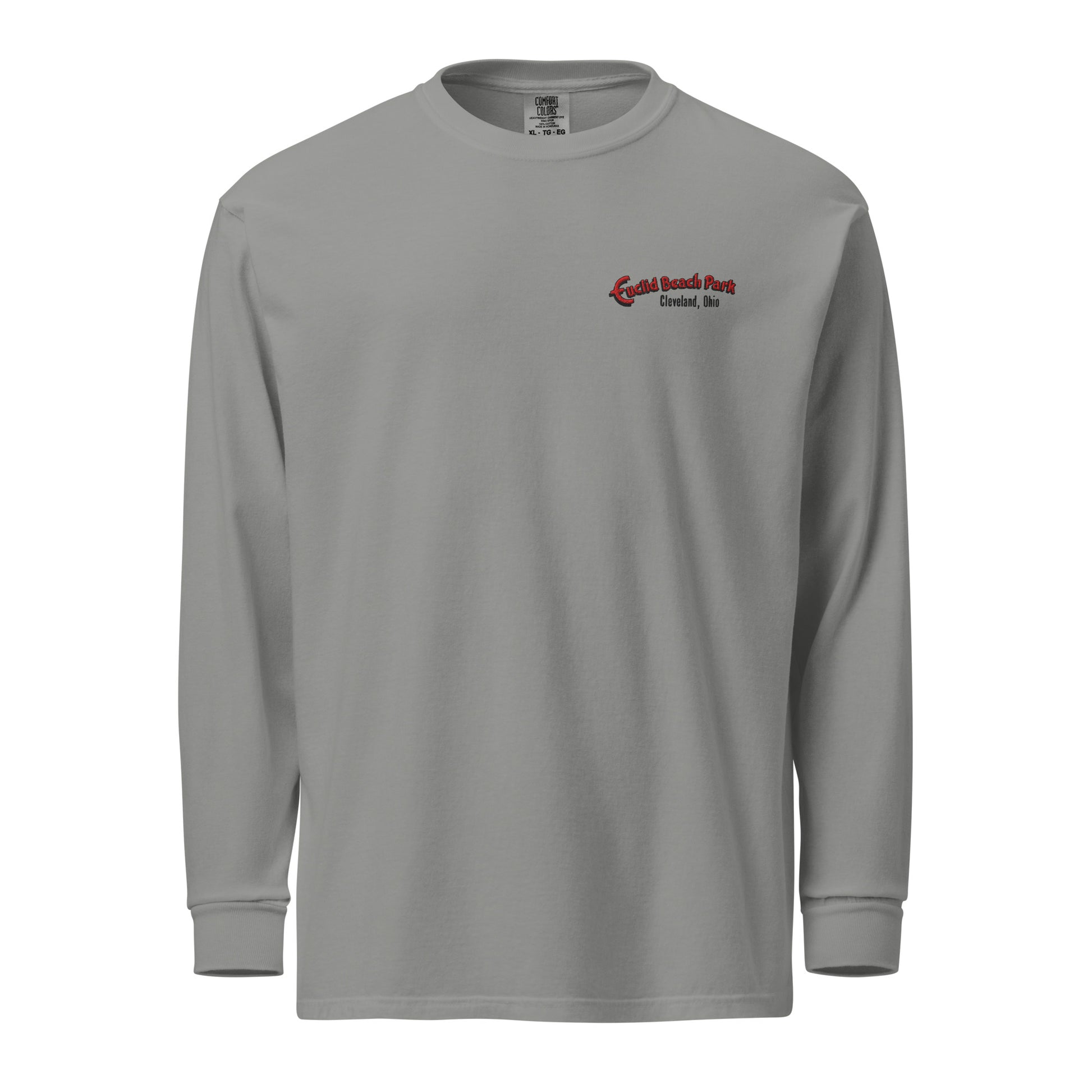Gray long-sleeve shirt with a logo on the chest against a white background
