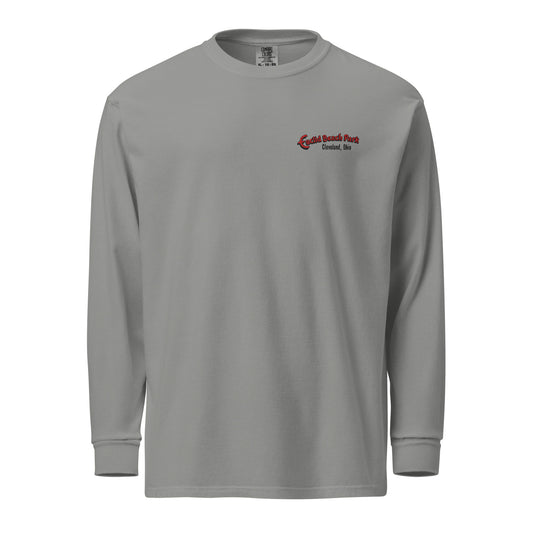 Gray long-sleeve shirt with a logo on the chest against a white background