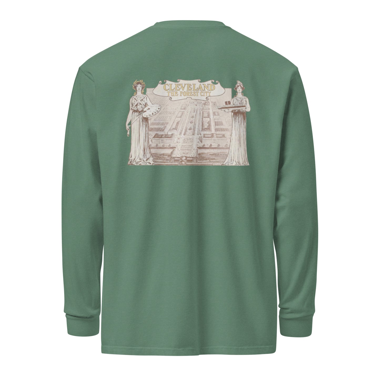 Green long-sleeve shirt with a graphic design on the back against a white background