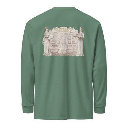 Green long-sleeve shirt with a graphic design on the back against a white background