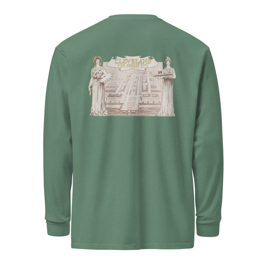 Green long-sleeve shirt with a graphic design on the back against a white background