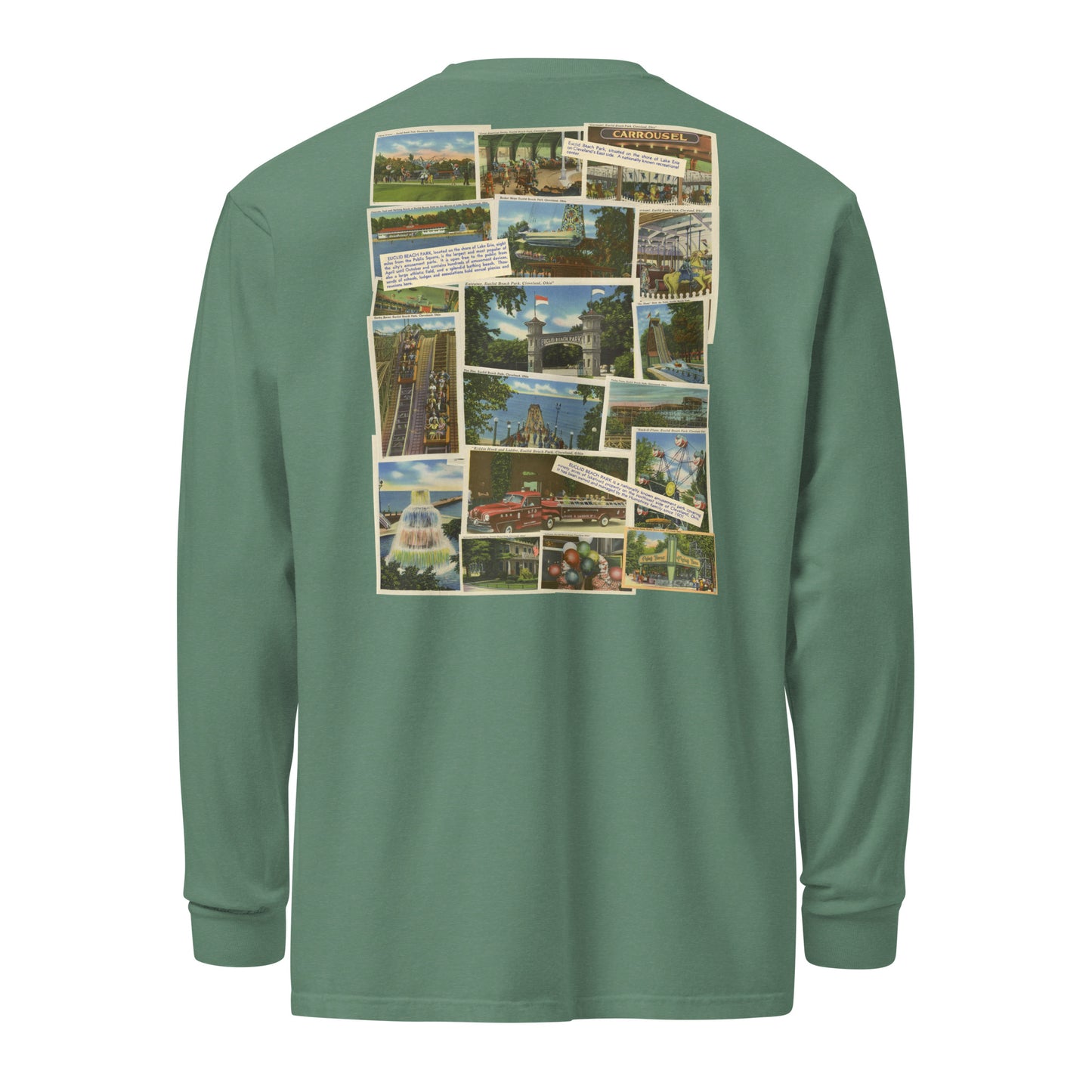 Green long-sleeve shirt with a collage of images on the back against a white background