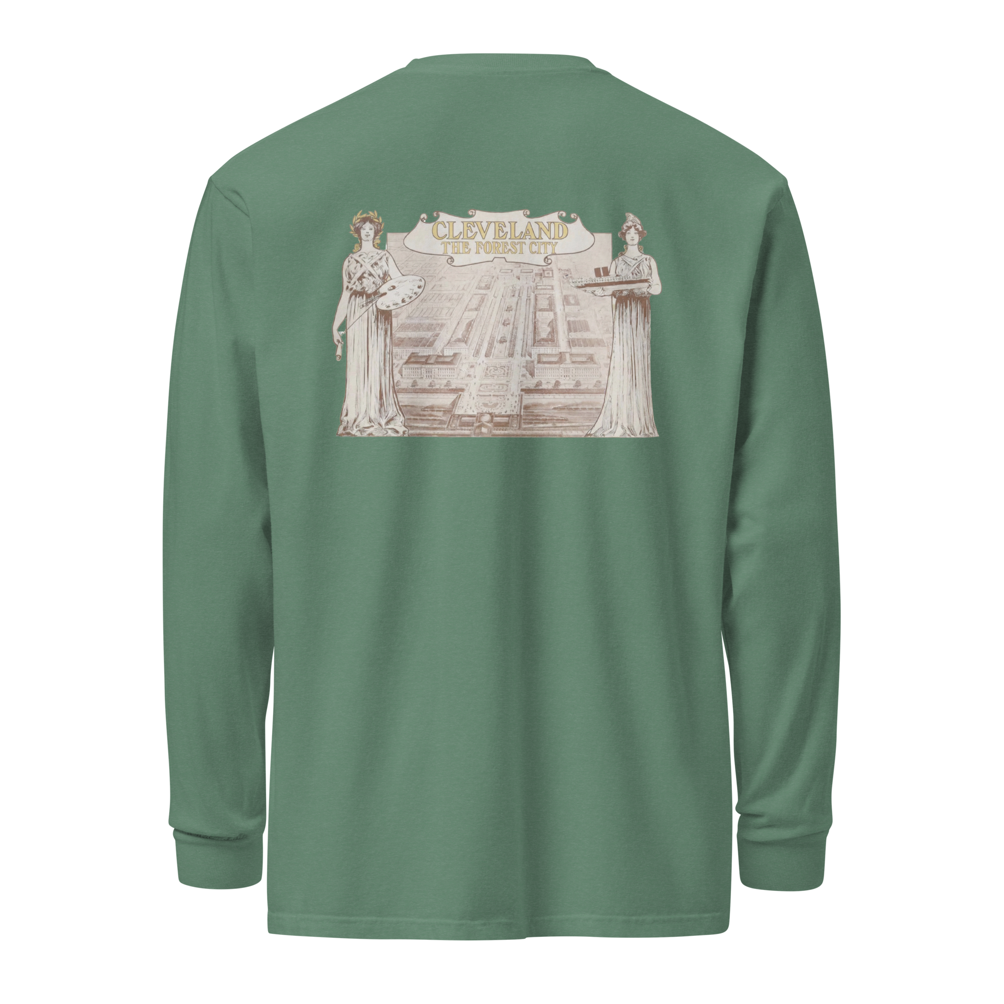 Light Green long-sleeve shirt with a graphic design on the back against a white background