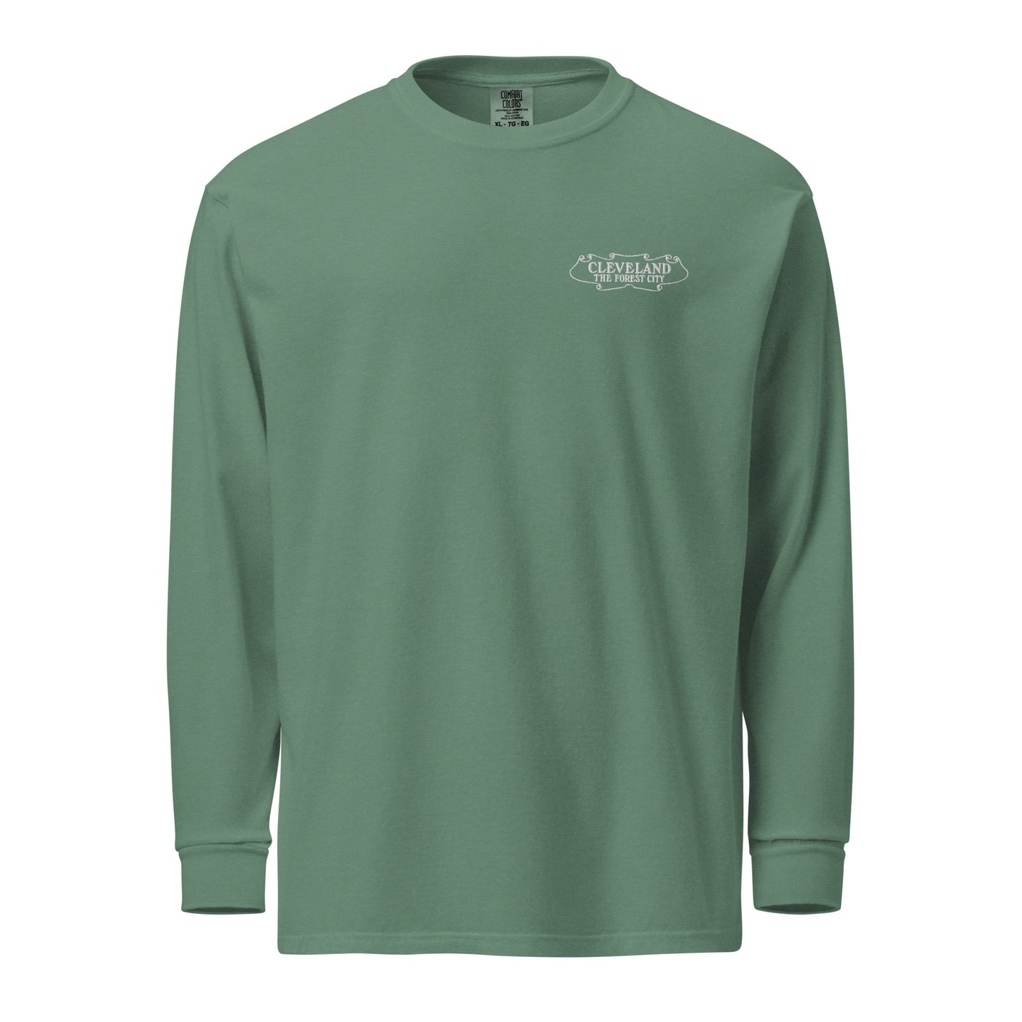 Green long-sleeve shirt with a logo on the chest against a white background