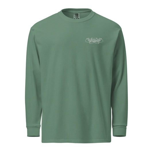 Green long-sleeve shirt with a logo on the chest against a white background
